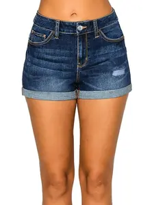 Women's High-Waisted Denim Shorts, Deep Blue Washed Elastic Slim Fit Roll-Up Hem Jeans, Pocket Design Casual Summer Beachwear
