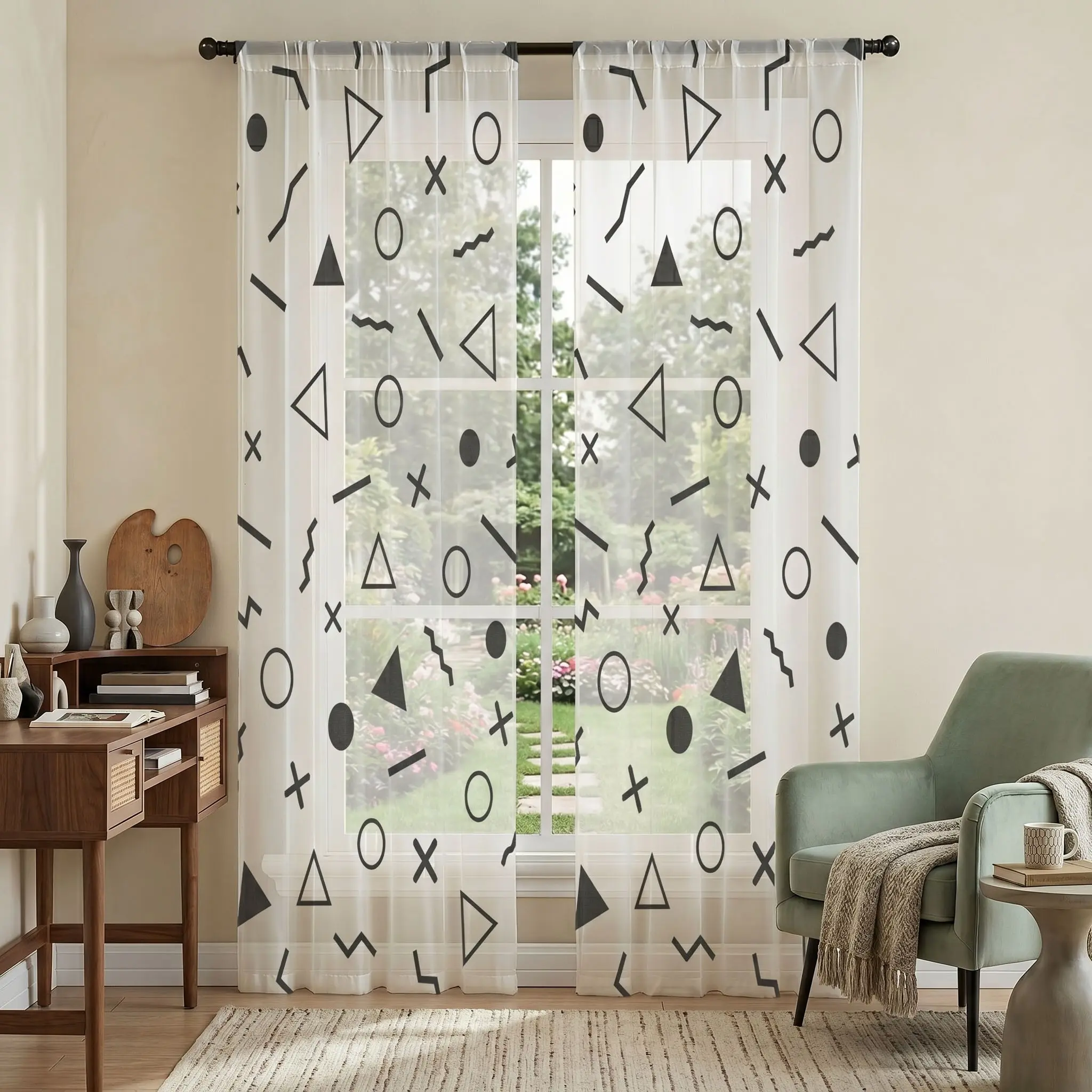 2-Pack Minimalist Geometric Sheer Curtains, Modern 2D Print Drapes, Rod-Pass Through, All-Season Use, Living Room, Bedroom, Kids' Room, Balcony, Study, Rental Renovation