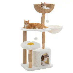 SEKKO CLAW Modern Cat Tree Tower for Large Cats Flower Perches-Natural Solid Wood Scratching Post with Real Branch-Luxury Cat Furniture Condo & Wicker Basket Bed