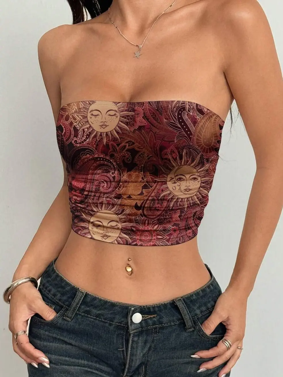 Women's Paisley Print Shirred Tube Top | Strapless Fitted Boho Grunge Bandeau Top | Summer Vacation Music Festival Concert Beach Y2K Vintage Going Out Top for Women