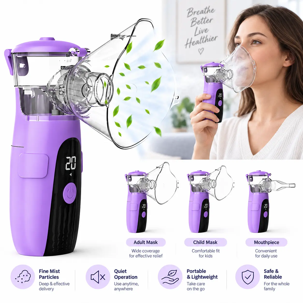 Portable Nebulizer Machine, USB Rechargeable Mesh Nebulizer, Handheld Nebulizer with Self-Cleaning Mode, Quiet Operation, Compact Travel Size for Home & Travel