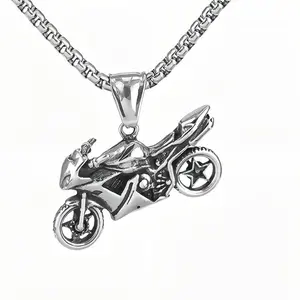 Vintage Sport Motorcycle Titanium Steel Necklace for Men, Punk Hip Hop Pendant, Biker Lover Fashion Sweater Chain