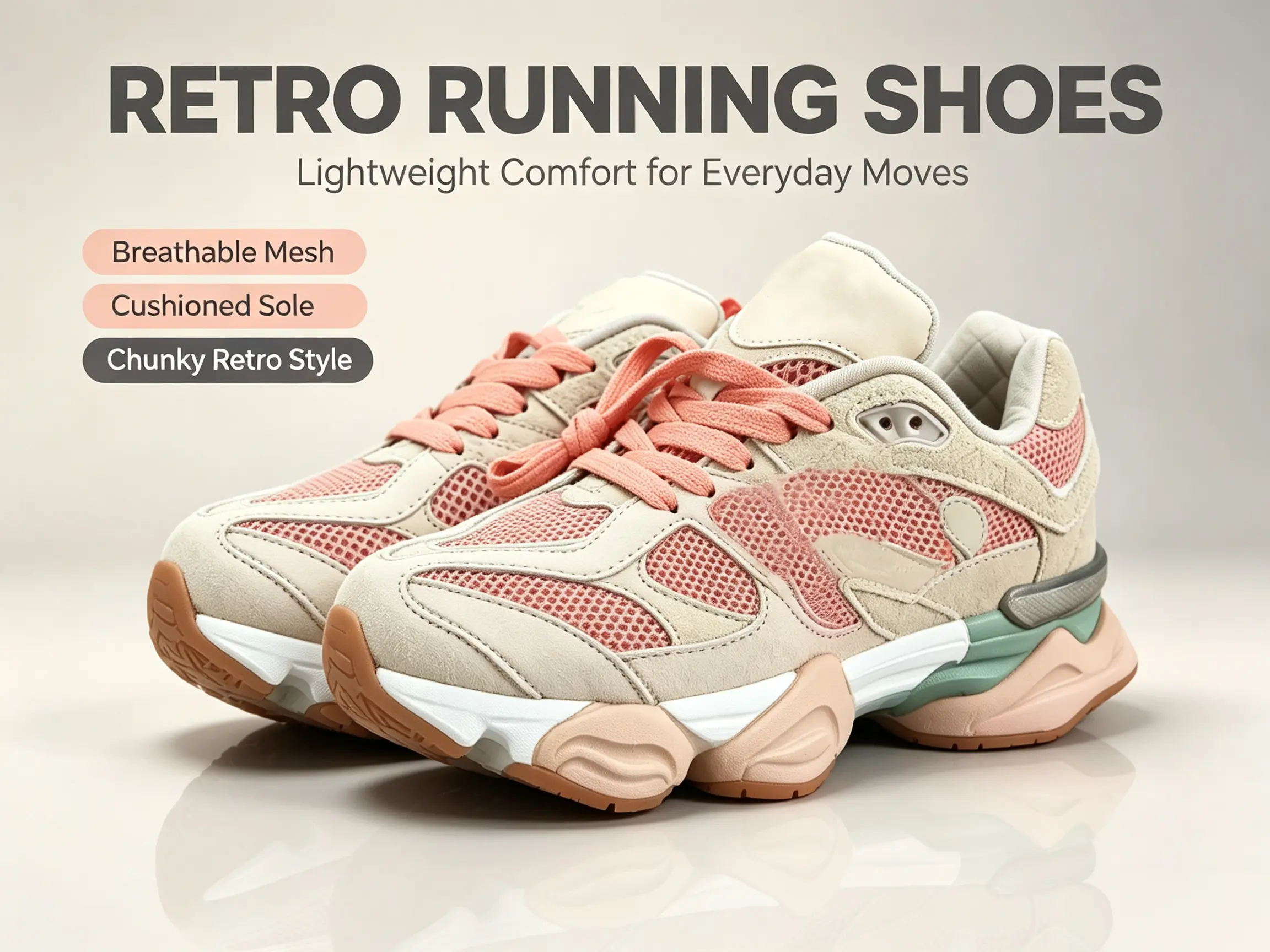 Women's Casual Lace-up Running Shoes, Vintage Chunky Dad Sneakers in Beige & Pink with Breathable Mesh, Green Midsole and Padded Tongue, Green Midsole Women's Running Shoes, Mixed-Material, Skin-Friendly, Rubber