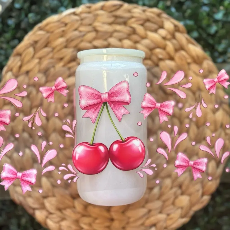 Cherry UVDTF Cup Wrap with Pink Bow Design and Vibrant Cherry Graphics for Stylish Drinkware