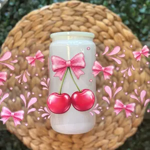 Cherry UVDTF Cup Wrap with Pink Bow Design and Vibrant Cherry Graphics for Stylish Drinkware