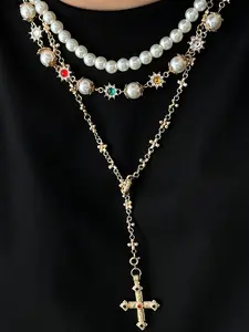Vintage Multi-Color Crystal Faux Pearl Necklace Set, Cross Pendant Hip-Hop Style Accessory for Men, Couple Jewelry Gift, Fashion Cross Pendant