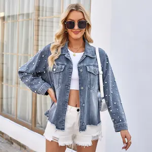 BIGWIG women's vintage washed blue denim jacket with raw edges and pearl decoration, elegant long sleeve denim coat, rhinestone cropped denim jacket, suitable for spring and autumn streetwear, fashionable distressed details