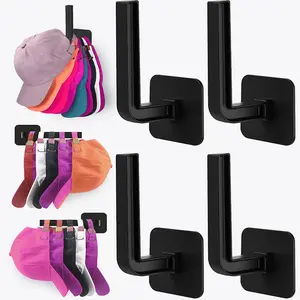 Hat Rack for Hat Storage (4-Pack), Multi-Purpose Hat Organizer, Strong Adhesive Hat Hooks for Wall Organizer for Baseball Caps, Two Mounting Options Hook, Black