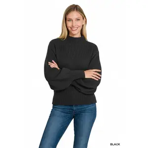 Zenana Balloon Sleeve Mock Neck Sweater - Long Sleeve Pullover for Autumn, Casual & Minimalist Style, Ribbed Knit Fabric, Slightly Stretchy, Machine Washable
