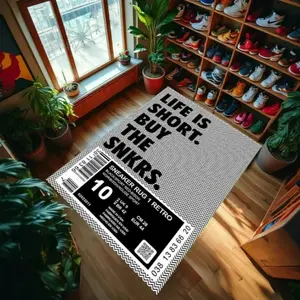 Sneakerhead Sneaker Tag Flannel Area Rug - "Life Is Short Buy The Snkrs" Shoe Box Label Print Soft Mat for Entryway & Sneaker Room, Non-Slip Hypebeast Home Decor #SneakerheadRug #ShoeBoxLabelMat #HypebeastHomeDecor #SneakerQuoteCarpet #NonSlipFlannelRug