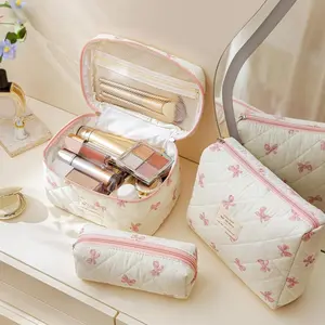 3Pcs Pink Bow Quilted Makeup Bag Set, Large Capacity Cosmetic Bag with Pencil Case, Travel Toiletry Organizer for Women, Cute Aesthetic Make Up Pouch for Daily/Travel