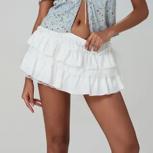 Womens Layered Mini Skirt Lace Trim Low Waist A-Line Tiered Ruffle Skirt Casual Summer Streetwear
