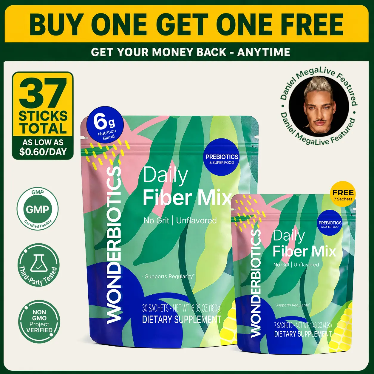 Daily Fiber Supplement Powder Packets - 5 Diverse Fibers with Prebiotics, Superfood Blend for Digestion, Psyllium Husk, PHGG, Drink Mix for Women & Men, Low FODMAP, Sugar Free Healthcare