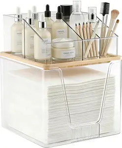 2 in 1 Disposable Facial Towel Holder and Cosmetic Organizer, Clear Storage with Bamboo Lid Compatible with Clean Skin Club Towel XL, Stackable Vanity Organizer for Bathroom Vanity Counter, 2 Tier