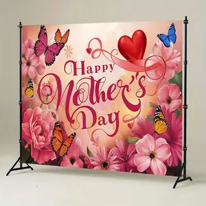 1pc Happy Mother'S Day Banner - Vibrant Floral & Butterfly Design with Elegant Cursive Lettering, Durable Polyester Fabric Backdrop for Indoor/Outdoor Party Decor, Photo Props, Home Wall Decoration (Pink, Yellow, Red, Blue), Photo Prop Banner
