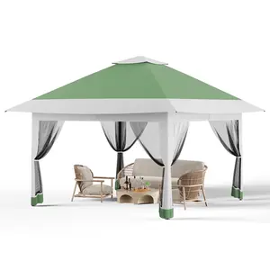 Heavy duty double-layer roof pop-up canopy tent -12x12 feet outdoor terrace canopy with mosquito net, one click setting, gazebo with screen window, 4 sandbags, suitable for backyard, garden, lawn, gray