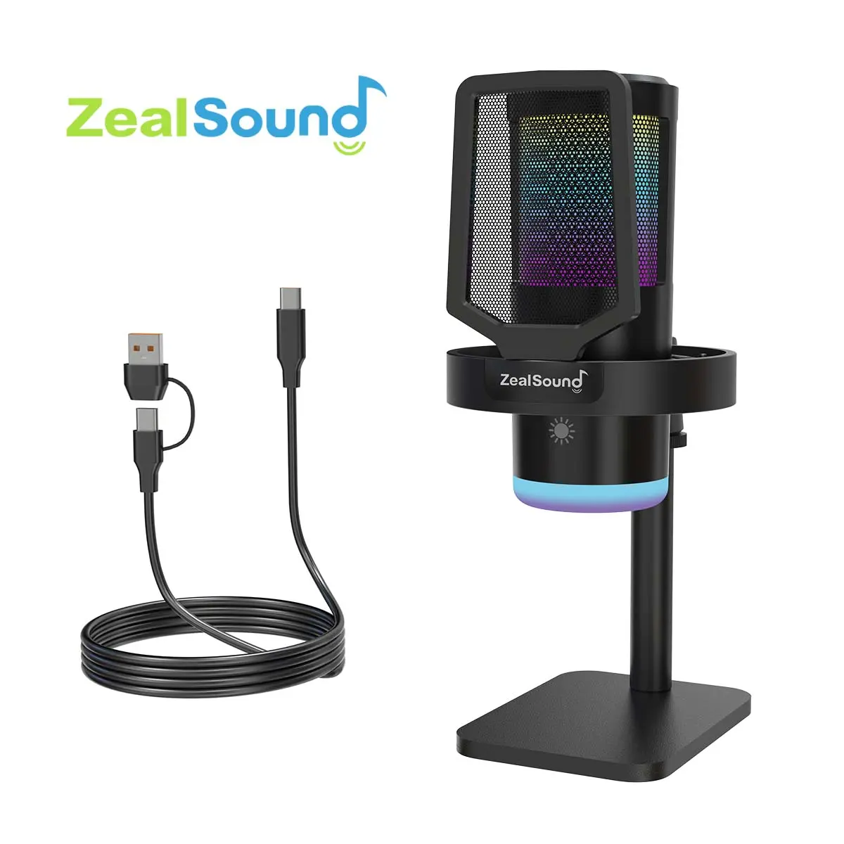 ZealSound Plug and Play RGB USB Condenser Microphone - Casual Gamer Audio Recording Device with Noise Cancelation, Silent Tap Mute, Pop Filter, Gain & Volume Control, USB-C Plug-In, Shock Mount, Gaming Accessories for PC, Mobile, PS5, PS4 Pro Streaming,te