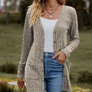 Women's long button up high and low solid color knitted loose cardigan with pockets, full of elasticityRAIMENTRY