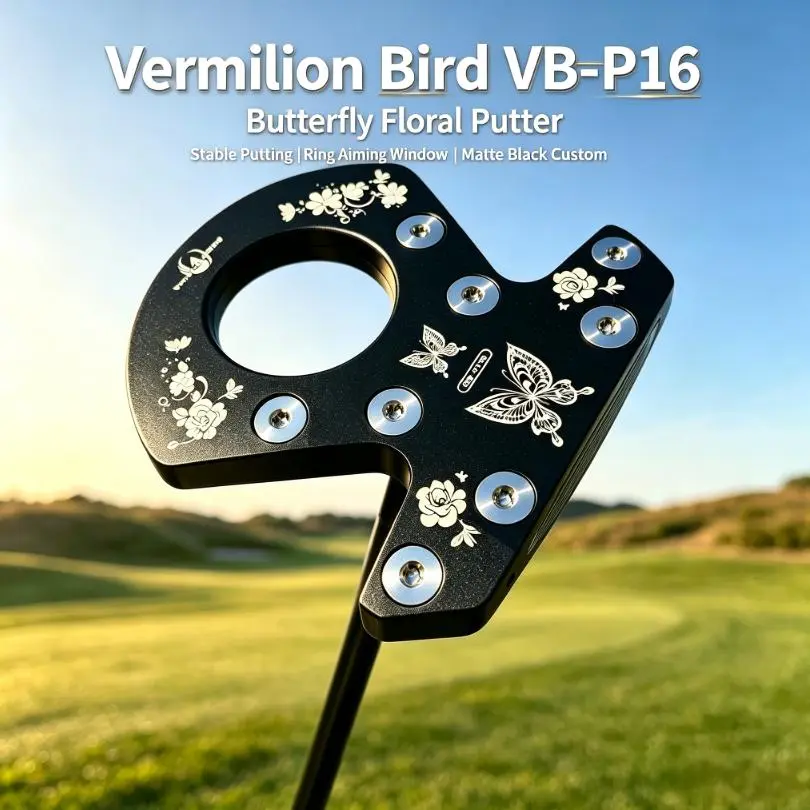 Men's Vermilion Bird VB-P16 Golf Mallet Putter, Hollow-Ring Head with Butterfly-Rose Engraving, High-Stability Aerodynamic Design, Matte Black Shaft, Non-Slip Grip Golf Club