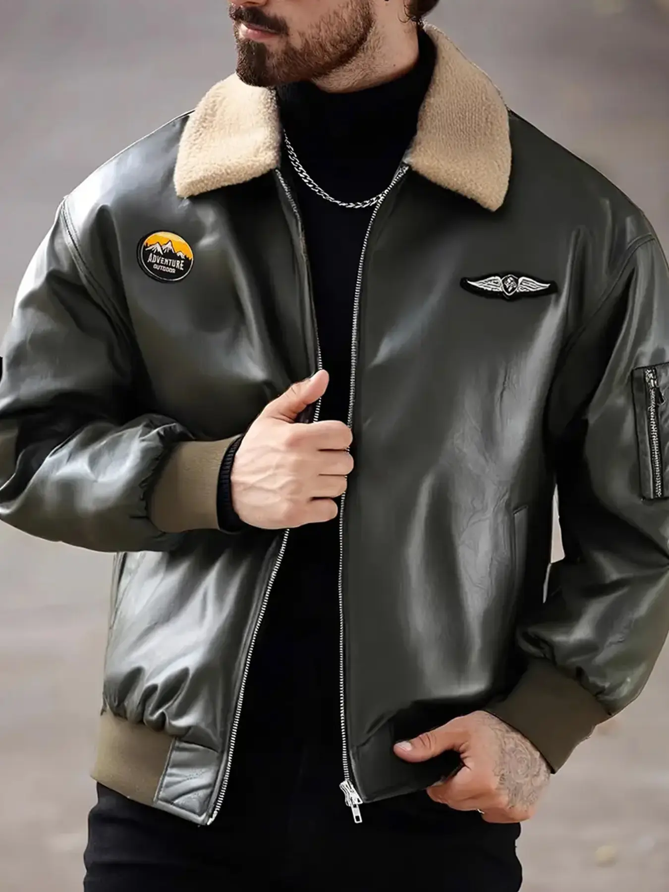 Men's label embroidered patch pu jacket with lapel zipper on college jacket, diagonal pocket long sleeve coat Puffa jacket, men's everyday outdoors