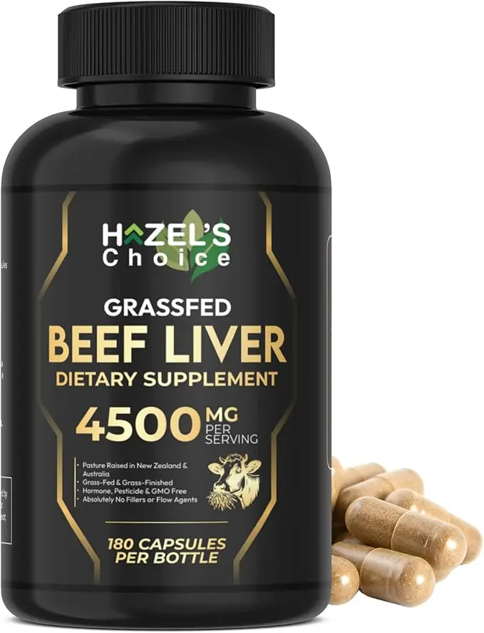 HAZEL'S CHOICE Grassfed Beef Liver Dietary Supplement Capsules - 4500mg, 180 Count, 30 Servings, Unflavored, Gluten-Free, Nutrient-Rich Herbal Support for Adult Daily Healthcare Wellness