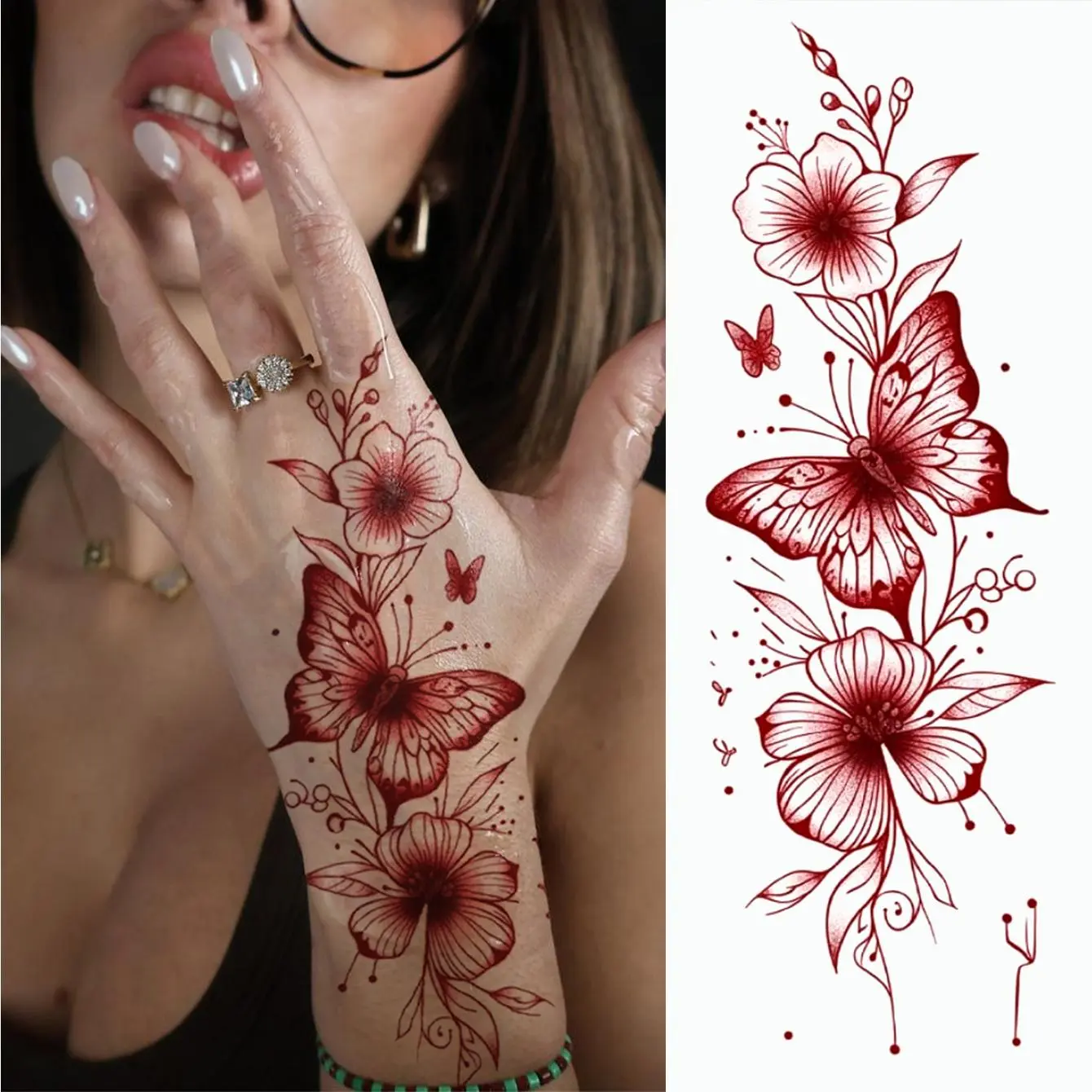 1pc Large-Sized Red Butterfly And Flower Waterproof Temporary Tattoo Sticker Body Art Fake Tattoo Suitable For Women Can Be Pasted On The Arms Shoulders Waist Abdomen And Legs Suitable For Holiday Parties Body Fake Tattoos Temporary Tattoos Stickers
