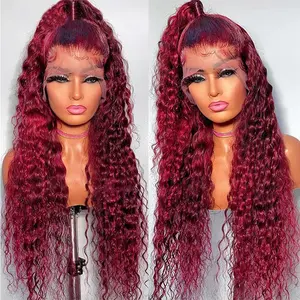 Bling Hair 99J Burgundy Deep Wave/Kinky Curly Wigs Human Hair Lace Frontal Wig 13x6 13x4 Hd Transparent Lace Front Human Hair Wigs For Women Pre Plucked Red Curly Hair