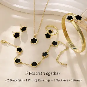 1 Pair Stud Earrings+1 Pc Necklace+1 PcBracelet+1 Pc Bangle+1 Pc Ring With Lucky Flower Design Alloy Jewelry Set Trendy Female Gift