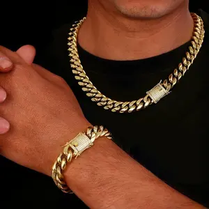 【2Set】18K Vacuum-gold Plated 10mm Miami Cuban Link Chain Hip Hop Jewelry Necklace and Bracelet set with 5A+ Canada Zircon Jewelry Fashionable Accessory Valentines Birthday Gift for GF Men Women unisex Monaco Mexico & Micro Promise chains For Husband