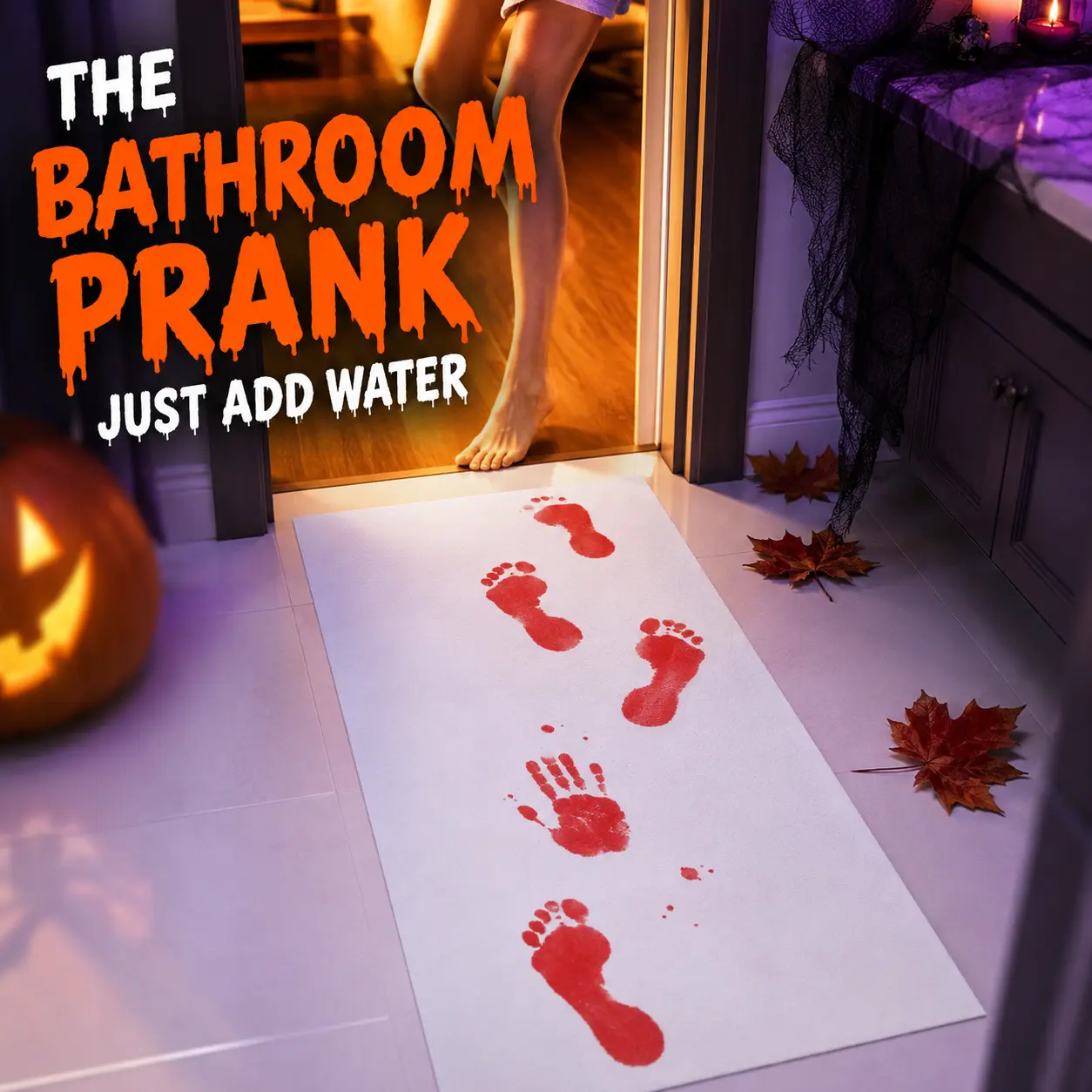 Water-Activated Halloween Bloody Footprint Bath Mat, Color-Changing Mat Turns Red When Wet, Fake Blood Prank Bathroom Floor Mat, Scary Horror Halloween Bathroom Decor, Novelty Gift, 27.55 × 15.74 in