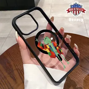 Magnetic Case for iPhone 16 Pro Max 15 Plus 14 13 12 11 XR E XS Frog in Plaid Transparent Acrylic Scratch-resistant skin-friendly feel Smartphone Cover for Male