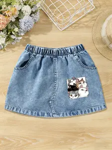 Girls' Cartoon Cat Pattern Denim Skirt, Pocketed Casual Knee-Length Skirt for Ages 12 & Under, Perfect for Spring Summer Fall