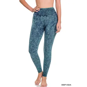 Mineral Washed Wide Waistband Yoga Leggings – Deep Aqua | High-Waisted Cotton Spandex Activewear