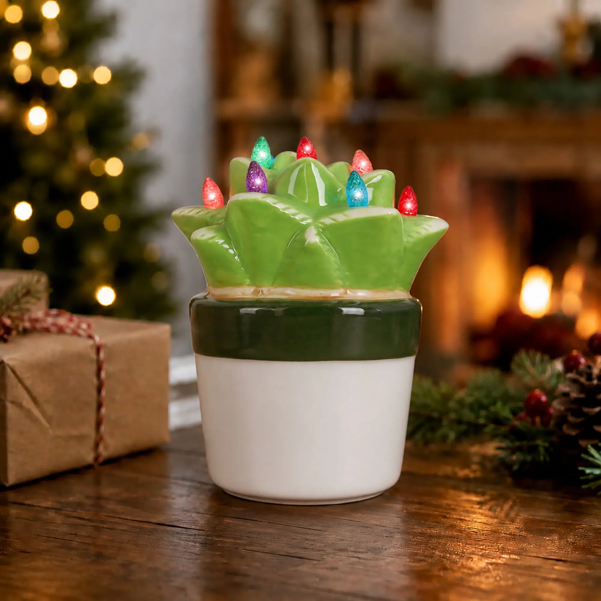 Ceramic Christmas Aloe Succulent with Lights