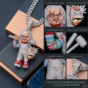 6.5cm Horror Doll Pendant Necklace, Silver Plated Iced Out Design, Enamel Bat & Mask Decor, CZ Hip Hop Jewelry with 4mm Rope Chain for Men