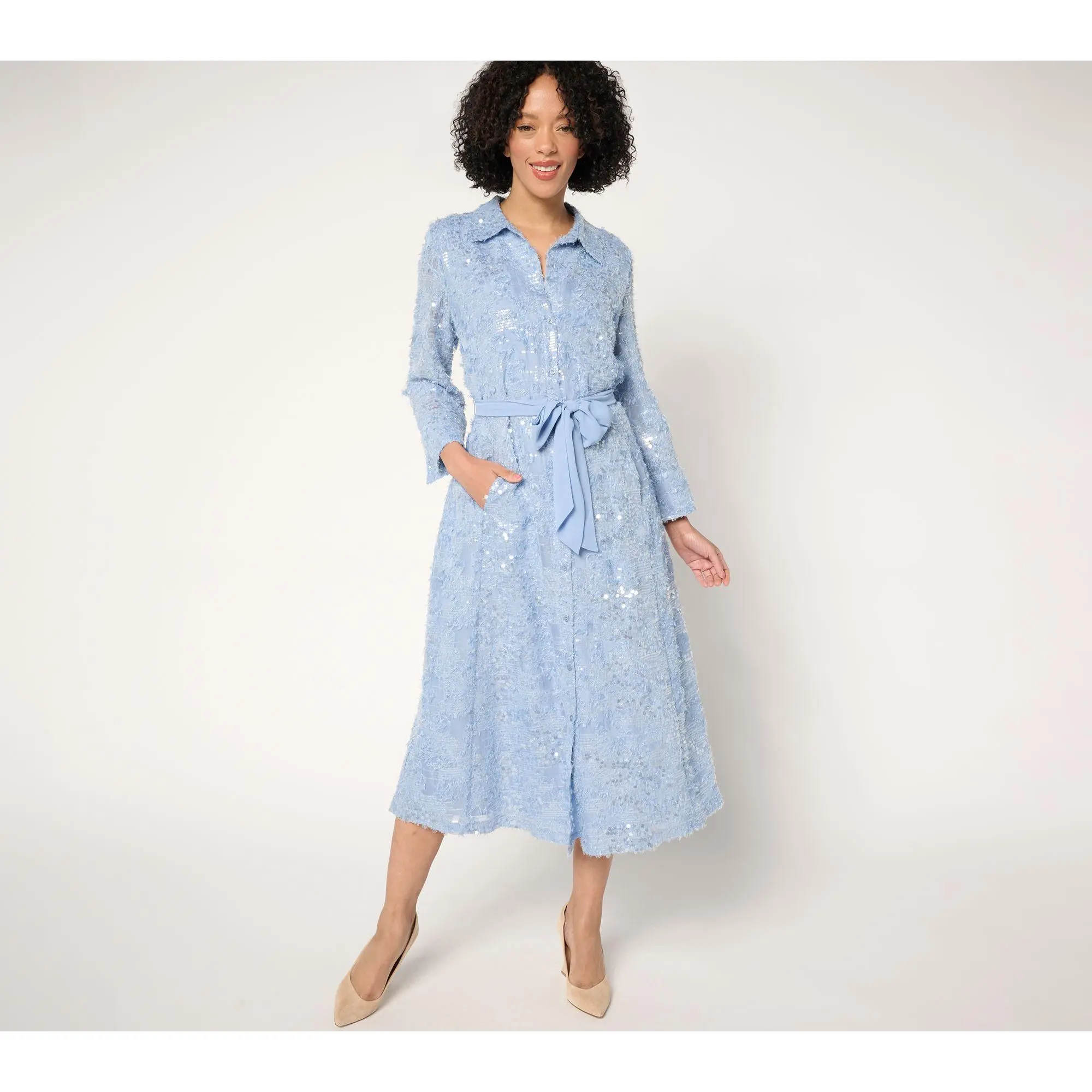 Dennis Basso Regular Spring Sequin Shirt Dress with Belt