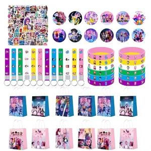 Korean cartoon girl group party gift set of five, including 12 keychains, 12 bracelets, 12 gift bags, 50 fridge stickers, and 12 badges. This is a perfect choice for party gifts, allowing everyone to have their own exclusive gift.