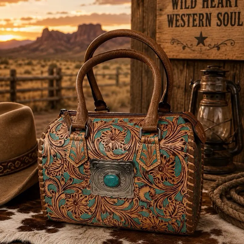 Turquoise Tooled Leather Western Handbag Turquoise Tooled Leather Western Handbag