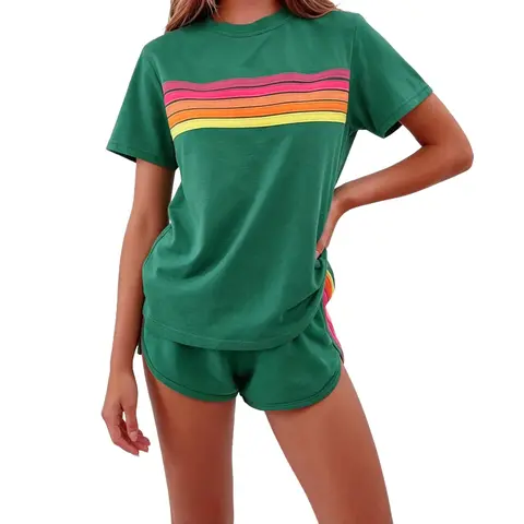 2 Piece Lounge Sets for Women Summer Rainbow Striped Tops Casual Shorts Color Blocked Suit Sweatshirts Set, thin version