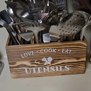 Rustic Brown Wooden Utensil Holder - 3-Compartment Kitchen Counter Caddy for Cooking Utensils, Cutlery, Cookware, Farmhouse Kitchen Accessories, Knives