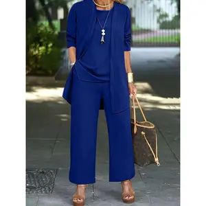 Women's Casual Three-piece Solid Set Long Sleeve Cardigan Top and Long Pants Outfits for Everyday Wear and Loungewear