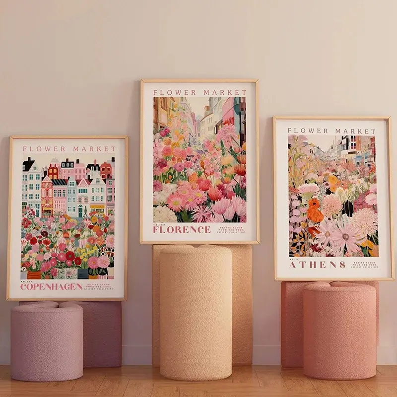 3PCS/set Frameless Art Deco Classic Artistic Modern Flower Market Classic Prints Poster-Flower & Cityscape Canvas Art Print for Home Office Living Office Decoration Items, Ideal Gift Choice