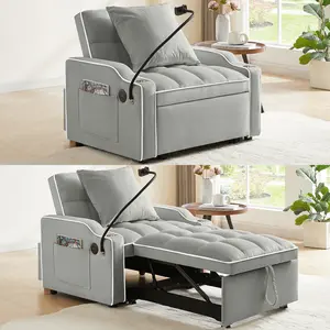 Convertible Sleeper Chair Sofa Bed, 3-in-1 Sofa Bed with USB Charging Ports,Pull Out Velvet Foldable Sofa Bed with Swivel Phone Stand,Futon Couch with Cup Holders & Adjustable Backrest for Living Room