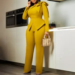 Women’s Summer Spring Two-Piece Outfit Set – Solid Color Top with Bow Detail (O-Neck, Full Sleeves) and Long Pants