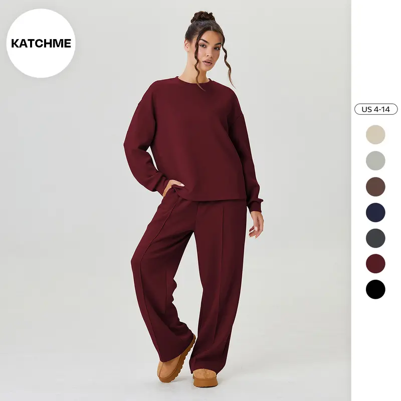 KatchMe Women's Casual Solid Color Long Sleeve Top & Exposed Stitches Trousers Co-ord, Round Neck Top & Wide Leg Trousers Two Piece Sets, Loose Womenswear