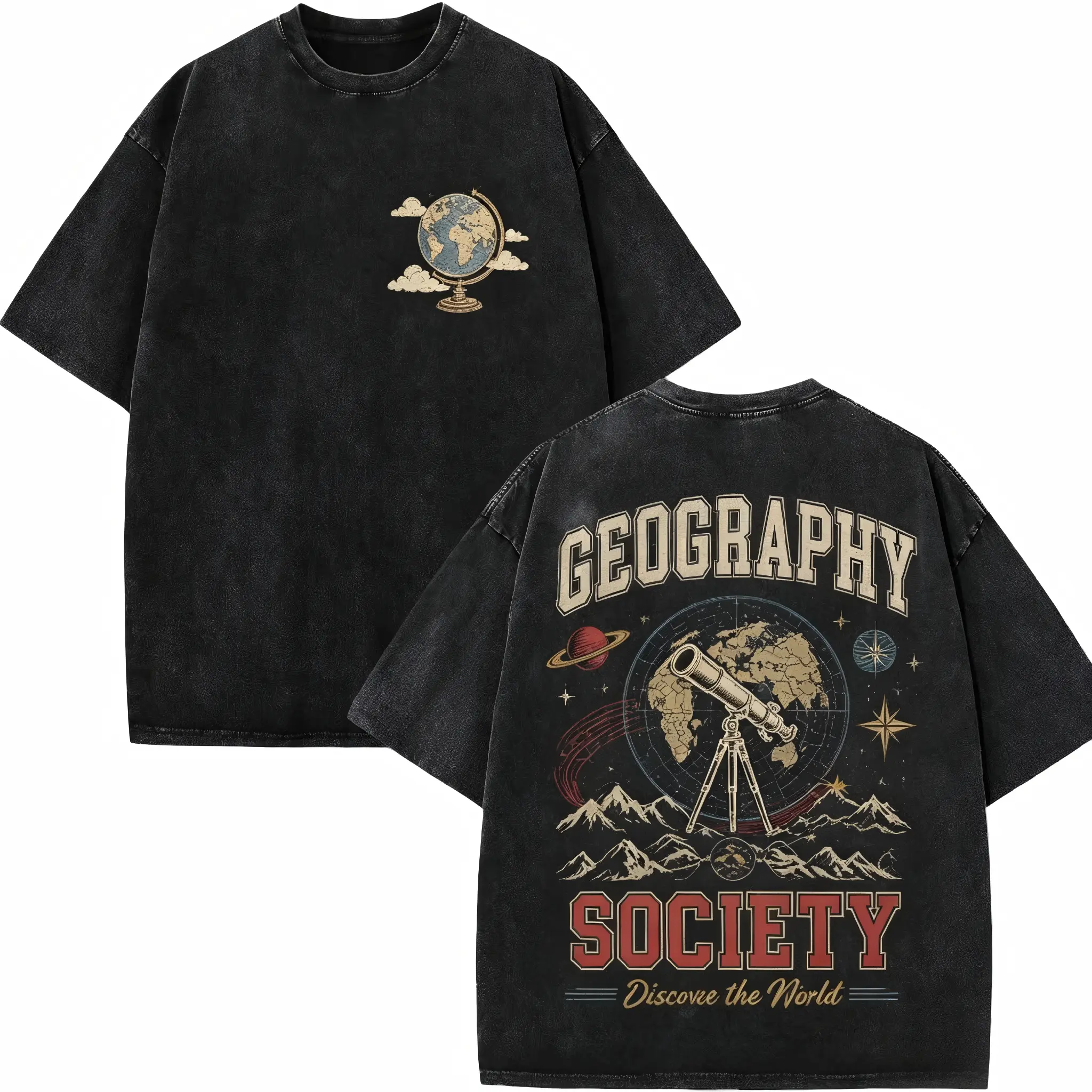 Viral Vintage Washed Black Geography Society Retro Tee, Tiny Globe Chest Graphic, Mountain World Map Telescope Back Varsity Font Print, Oversized Intellectual Vintage Washed Top good