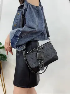 Punk Style Crossbody Bag with Skull Design, Stylish Studded Flap Closure, Removable Hardware, Flap Crossbody Bags, Perfect for Outings & Parties