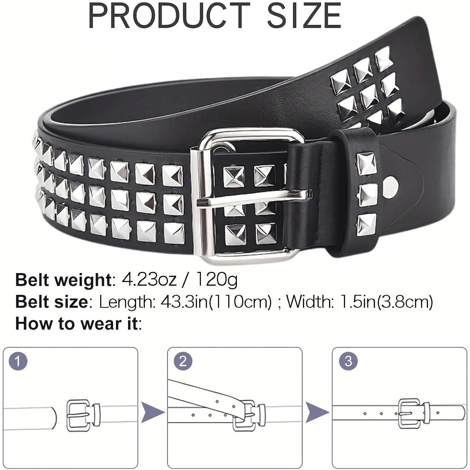 Metal Punk Rock Rivet Studded Belt for Women Men, Gothic  display picture 3