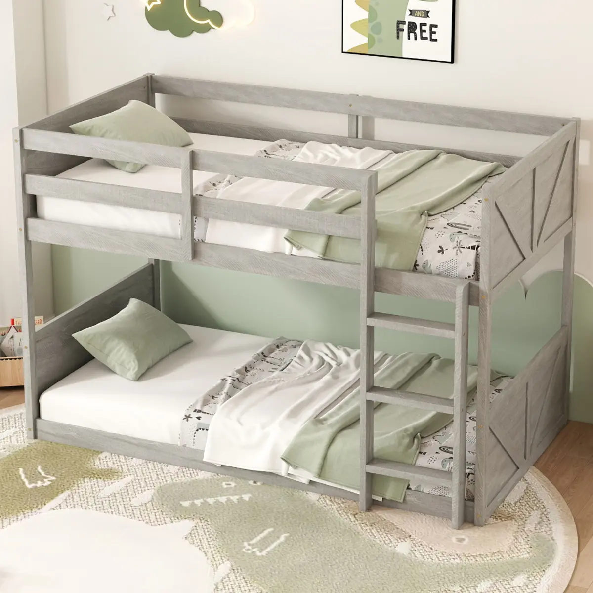 Twin-over-Twin Floor Bunk Bed with Panelled Headboard & Footboard, Solid Rubber Wood Foundation, Safety Guardrails, Built-in Ladder, Antique White (125.7 lbs, 6 in or less, 77.3"x43.9"x46.6", Assembly Required, Bottom Bed:250 lbs, Old Sku W504P263832), Ge