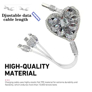 Bling Heart Rhinestone 3in1 Retractable Car Charger Cable Fast Charging Multi Port Data Sync Cord Compatible With Iphone Android Type C Universal Mobile Phone Charging Wire
